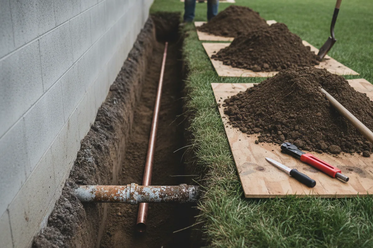 Excavated water line trench during Water Heater Repair in Hulen
